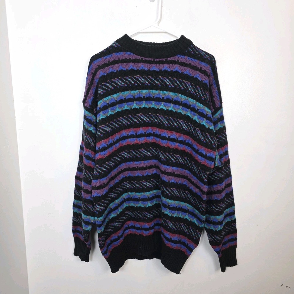 Vintage Black Purple Striped Woop Blend 80's‎ Party Avant Garde Sweater Size XL